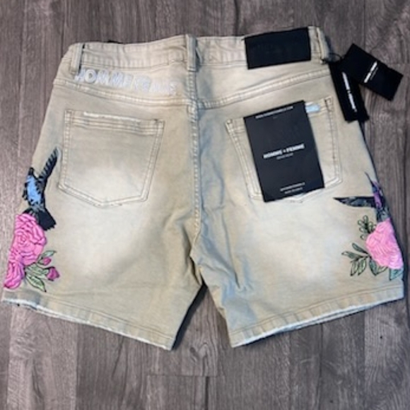 🆕 HOMME + FEMME 🔥 DENIM EMBROIDERED HUMMINGBIRD FLORAL SHORTS - Picture 4 of 7